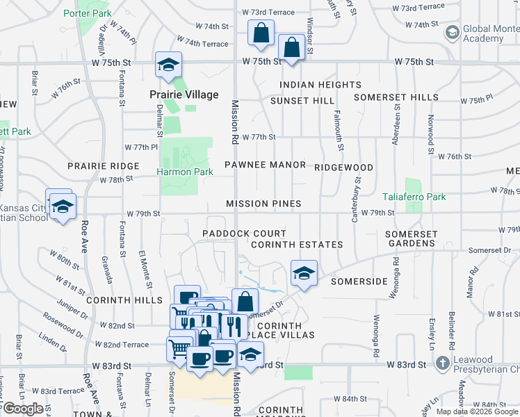map of restaurants, bars, coffee shops, grocery stores, and more near 7877 Howe Circle in Prairie Village