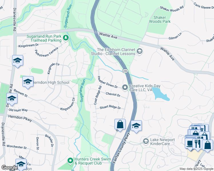 map of restaurants, bars, coffee shops, grocery stores, and more near 12025 Heather Down Drive in Herndon