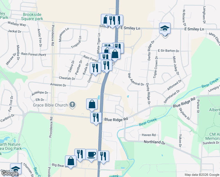 map of restaurants, bars, coffee shops, grocery stores, and more near Chippewa Drive in Columbia