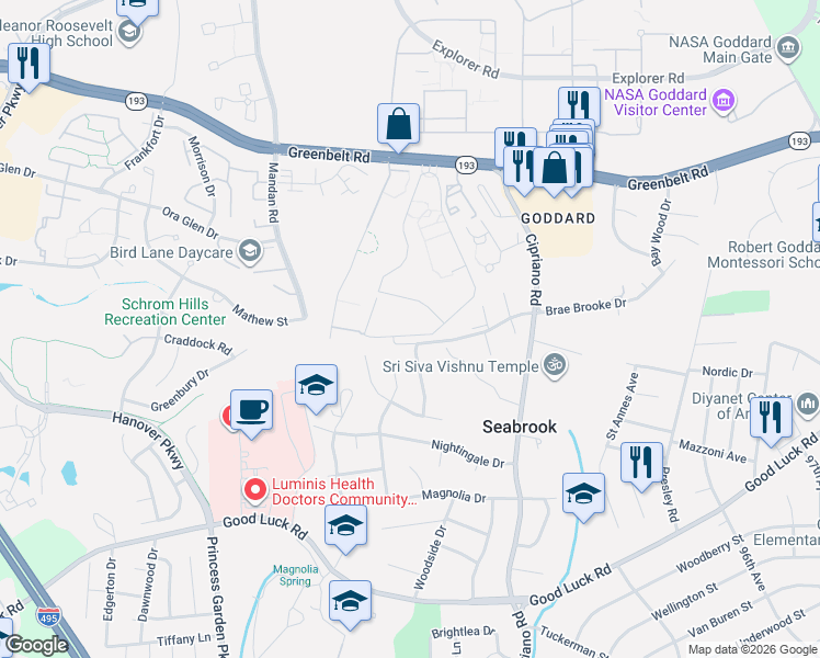 map of restaurants, bars, coffee shops, grocery stores, and more near 8661 Greenbelt Road in Greenbelt