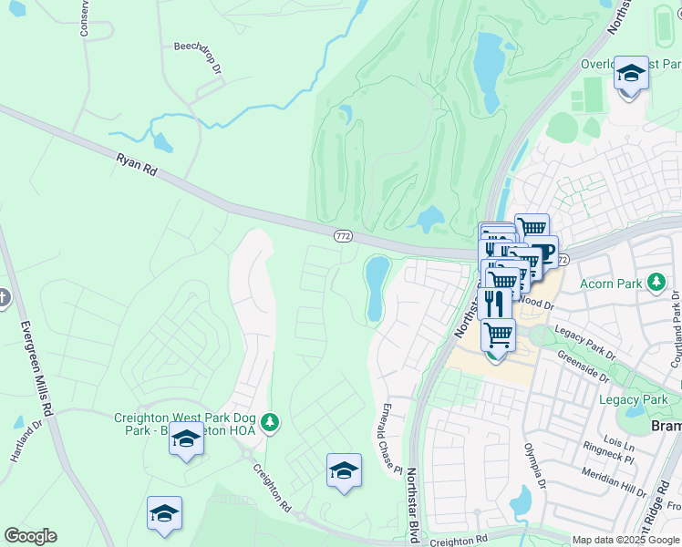 map of restaurants, bars, coffee shops, grocery stores, and more near 22800 Calderwood Lane in Ashburn