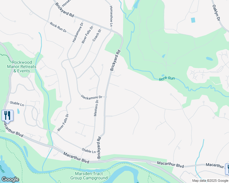 map of restaurants, bars, coffee shops, grocery stores, and more near 7601 Brickyard Road in Rockville