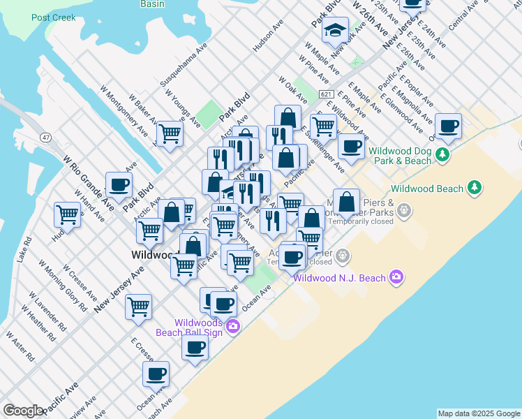 map of restaurants, bars, coffee shops, grocery stores, and more near 4116 Pacific Avenue in Wildwood