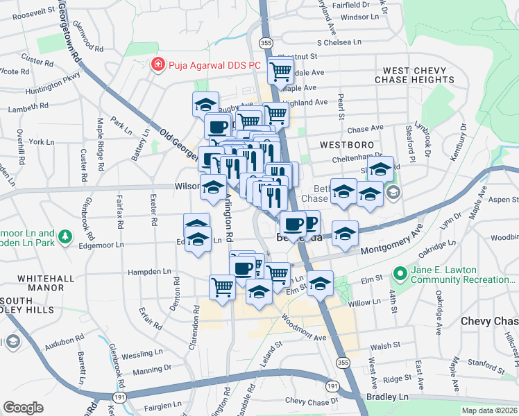 map of restaurants, bars, coffee shops, grocery stores, and more near Old Georgetown Rd & Woodmont Ave in Bethesda