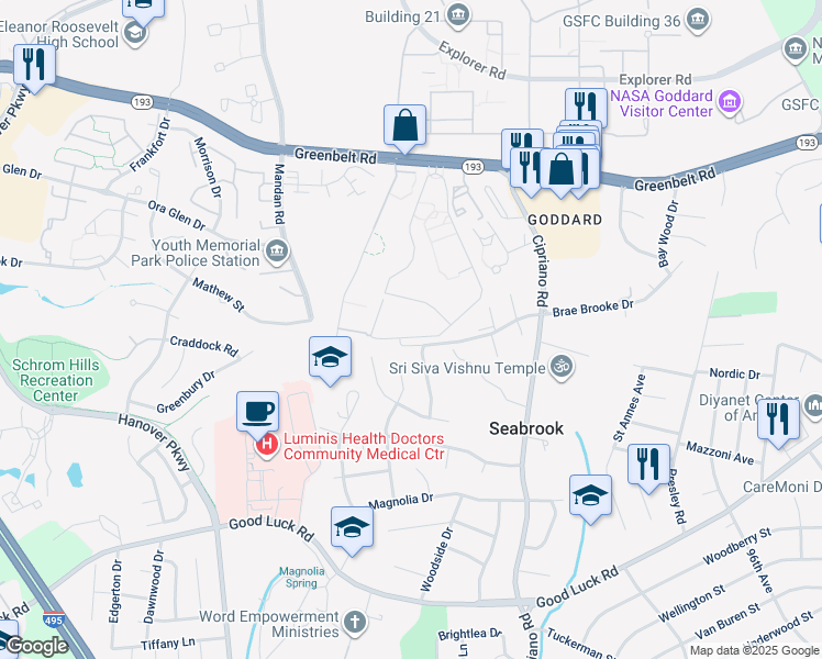 map of restaurants, bars, coffee shops, grocery stores, and more near 8663 Greenbelt Road in Greenbelt