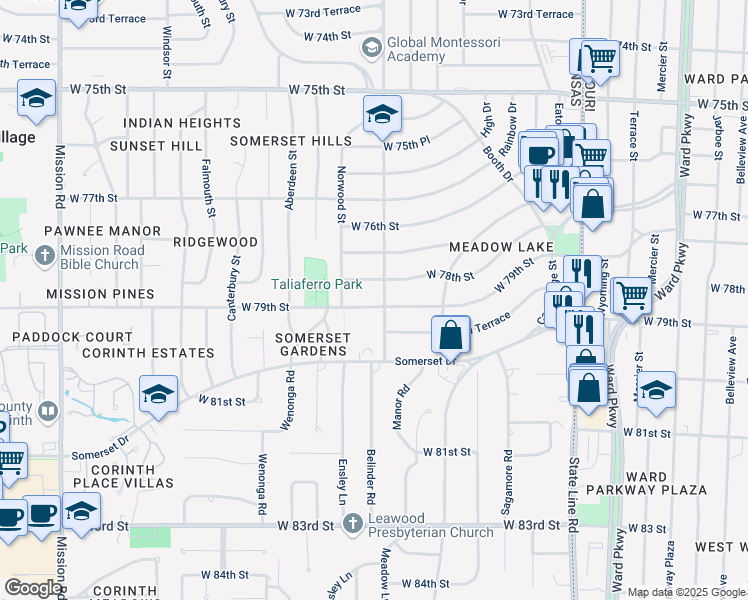 map of restaurants, bars, coffee shops, grocery stores, and more near 2705 West 78th Street in Prairie Village