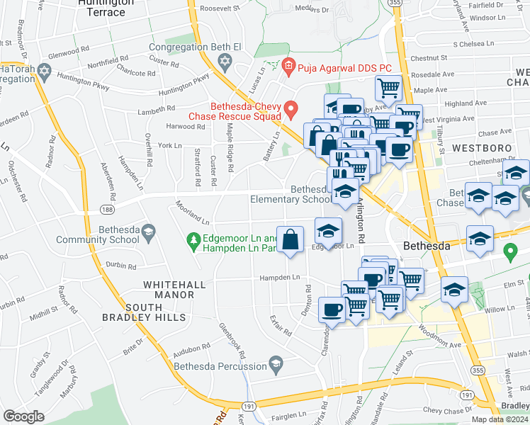 map of restaurants, bars, coffee shops, grocery stores, and more near 5215 Moorland Lane in Bethesda