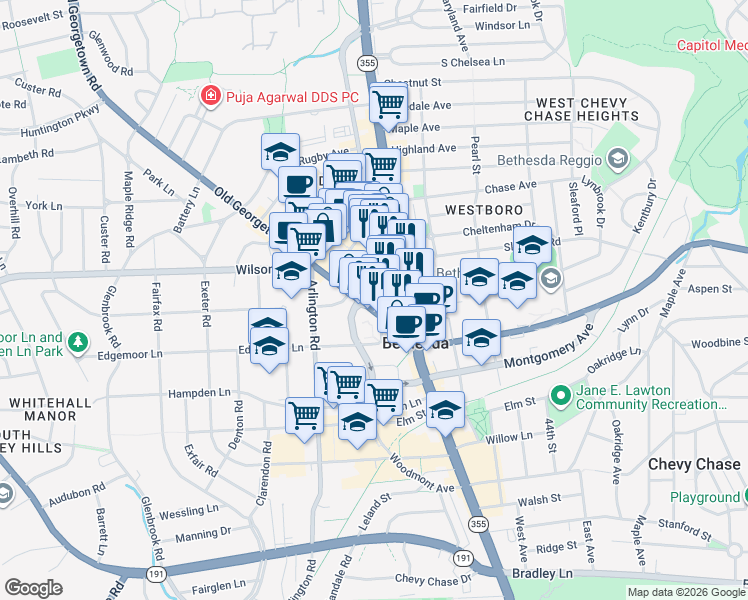 map of restaurants, bars, coffee shops, grocery stores, and more near 7701 Woodmont Avenue in Bethesda