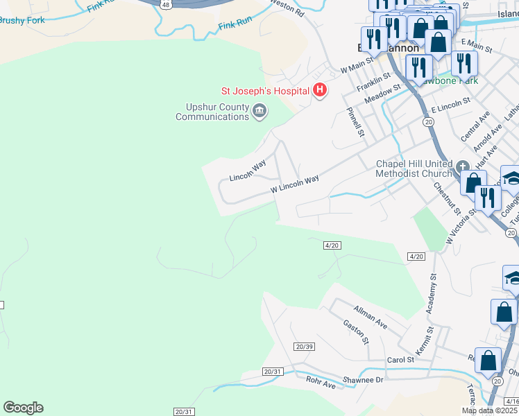 map of restaurants, bars, coffee shops, grocery stores, and more near Lincoln Place in Buckhannon