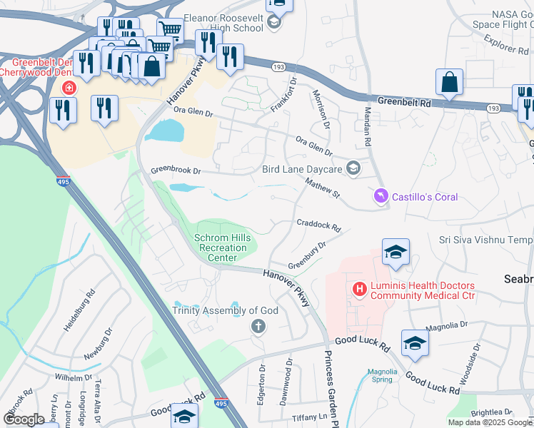 map of restaurants, bars, coffee shops, grocery stores, and more near 8012 Craddock Road in Greenbelt