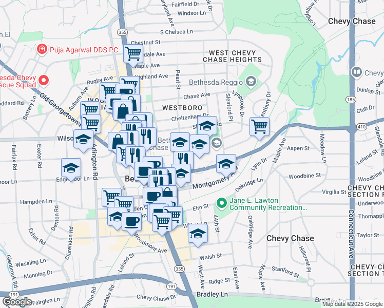 map of restaurants, bars, coffee shops, grocery stores, and more near 7515 Pearl Street in Bethesda