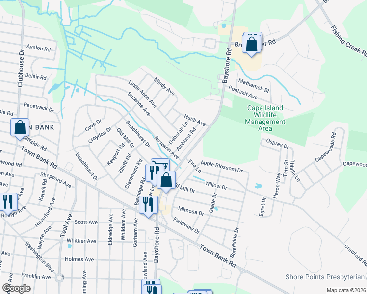 map of restaurants, bars, coffee shops, grocery stores, and more near 209 Amhurst Road in North Cape May