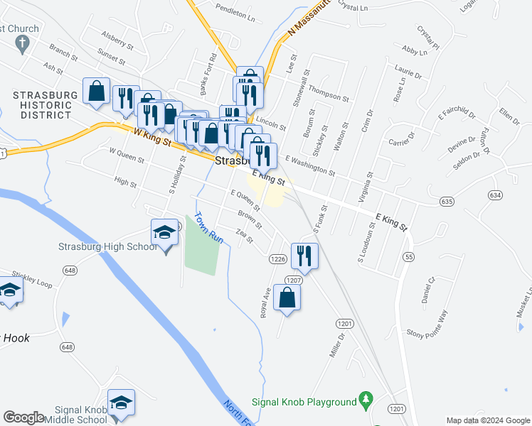 map of restaurants, bars, coffee shops, grocery stores, and more near 447 East Queen Street in Strasburg