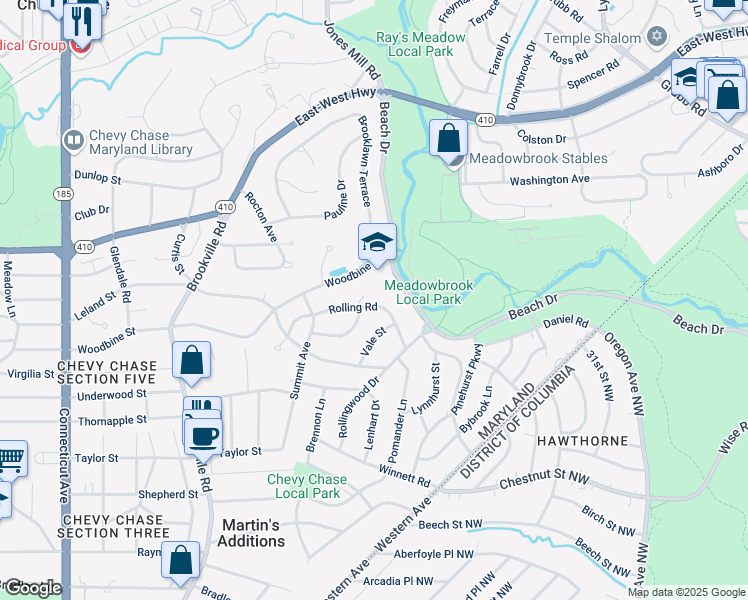 map of restaurants, bars, coffee shops, grocery stores, and more near 3119 Rolling Road in Chevy Chase