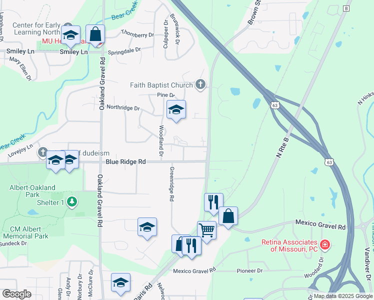 map of restaurants, bars, coffee shops, grocery stores, and more near 2900 Leeway Drive in Columbia