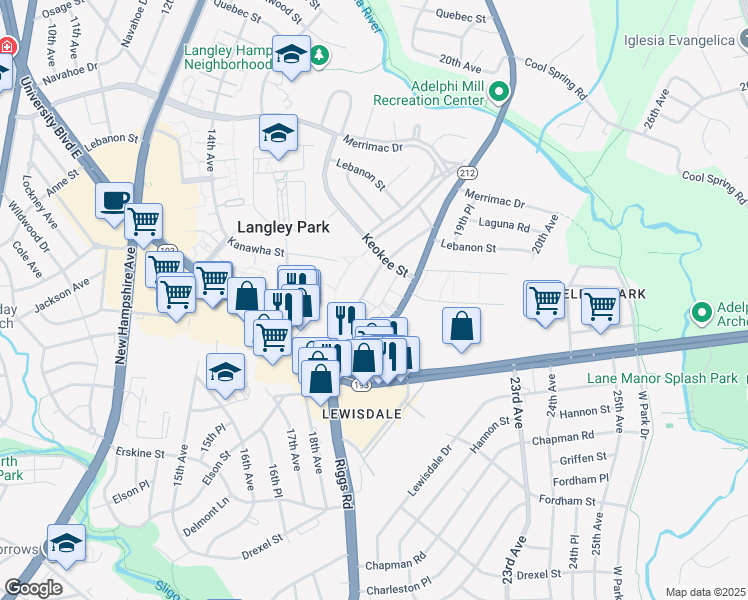 map of restaurants, bars, coffee shops, grocery stores, and more near 7919 18th Avenue in Hyattsville