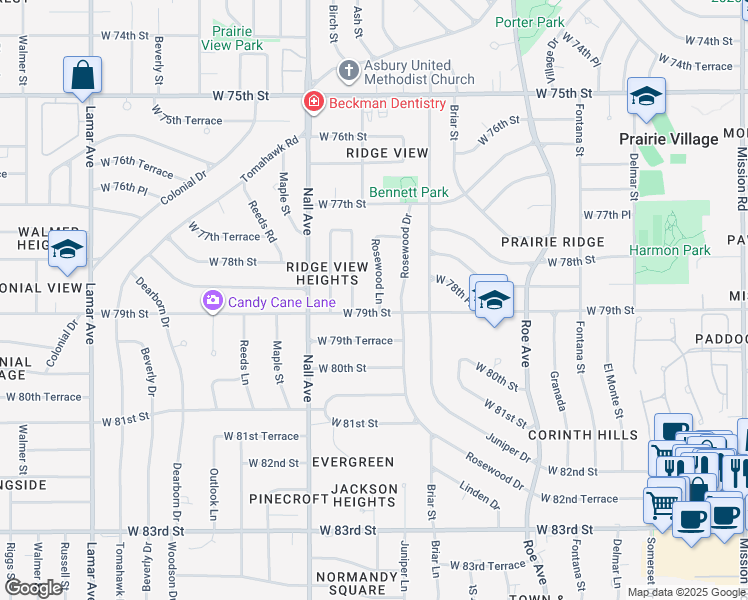 map of restaurants, bars, coffee shops, grocery stores, and more near 7832 Rosewood Drive in Prairie Village