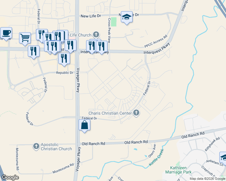 map of restaurants, bars, coffee shops, grocery stores, and more near 10712 Pearl Stone Grove in Colorado Springs