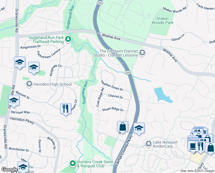 map of restaurants, bars, coffee shops, grocery stores, and more near 12027 Heather Down Drive in Herndon