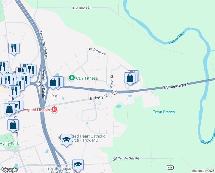 map of restaurants, bars, coffee shops, grocery stores, and more near 104 Bluffview Drive in Troy