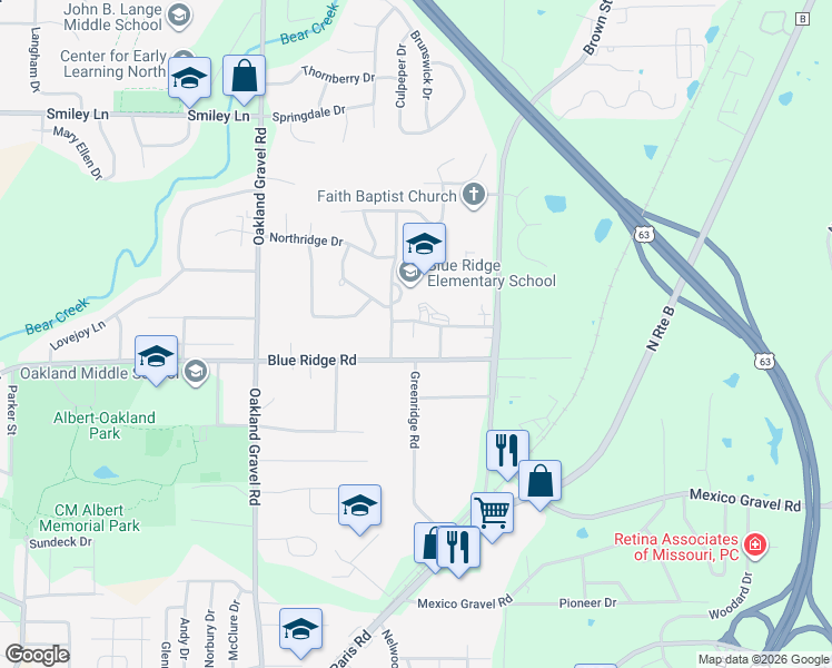 map of restaurants, bars, coffee shops, grocery stores, and more near 2806 Leeway Drive in Columbia