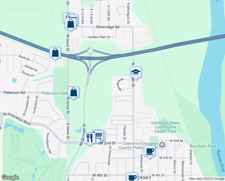 map of restaurants, bars, coffee shops, grocery stores, and more near 255 North Michigan Street in Lawrence