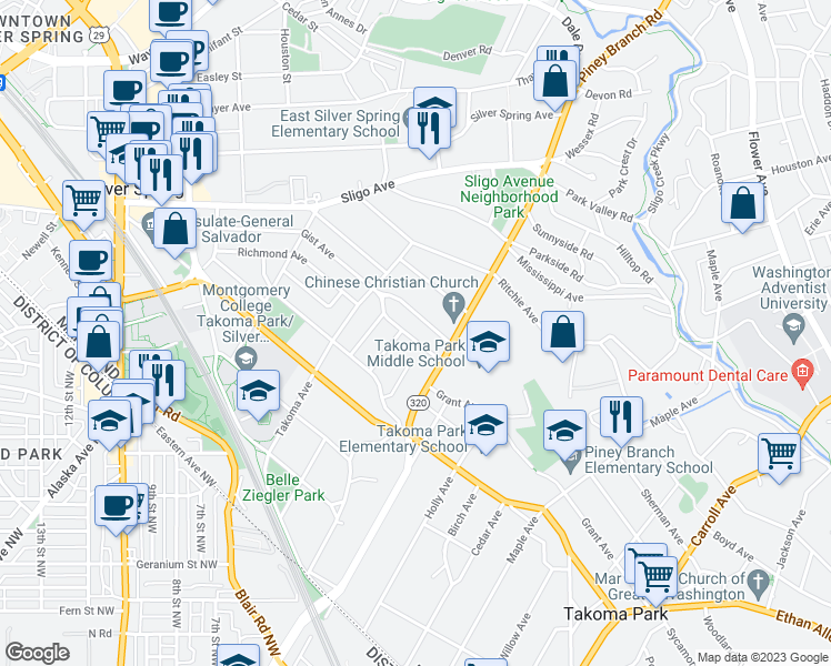 map of restaurants, bars, coffee shops, grocery stores, and more near 611 Ray Drive in Silver Spring