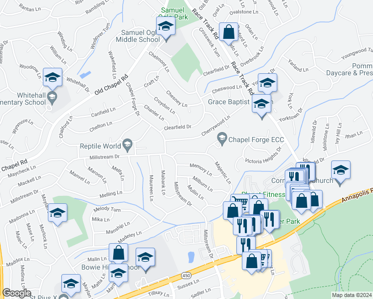 map of restaurants, bars, coffee shops, grocery stores, and more near 3627 Majestic Lane in Bowie