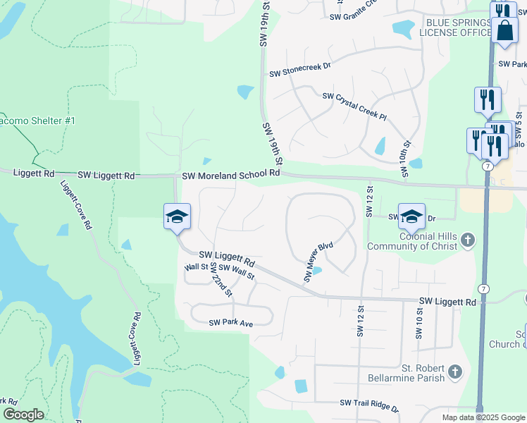 map of restaurants, bars, coffee shops, grocery stores, and more near 3400 Southwest Park Lane in Blue Springs