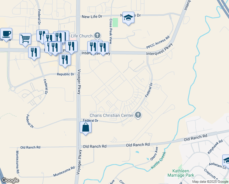 map of restaurants, bars, coffee shops, grocery stores, and more near 10712 Pearl Stone Grove in Colorado Springs