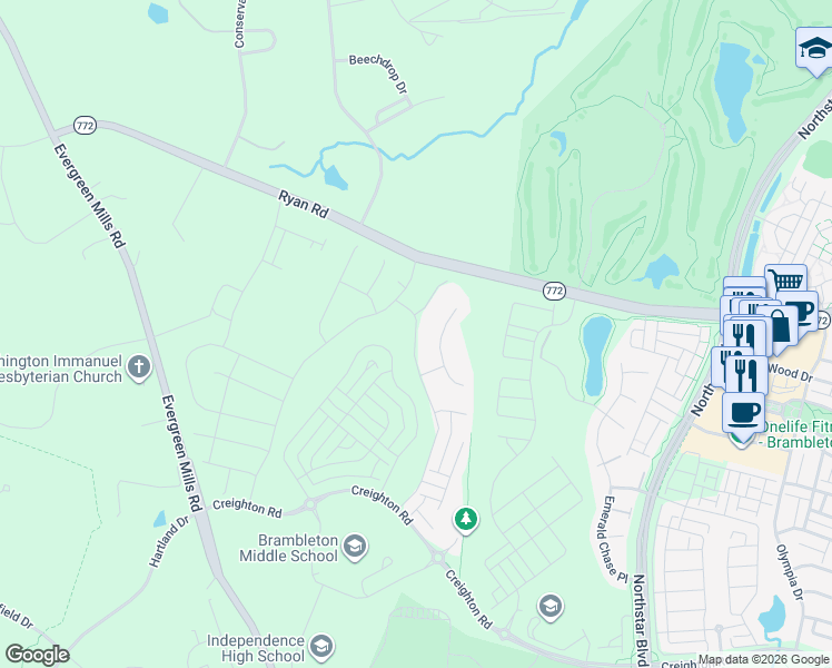 map of restaurants, bars, coffee shops, grocery stores, and more near 22808 Bubbling Brook Drive in Ashburn