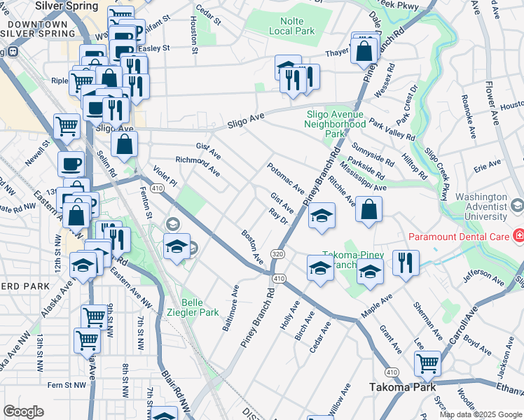 map of restaurants, bars, coffee shops, grocery stores, and more near 620 Ray Drive in Silver Spring