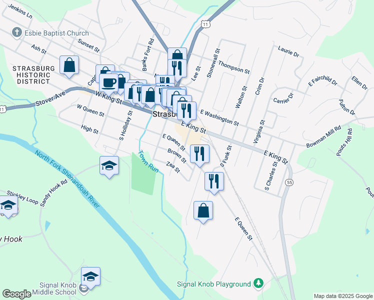 map of restaurants, bars, coffee shops, grocery stores, and more near 435 East Queen Street in Strasburg