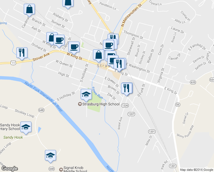 map of restaurants, bars, coffee shops, grocery stores, and more near 328 Brown Street in Strasburg