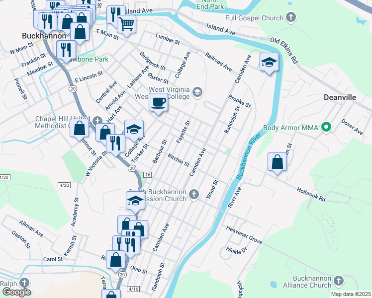 map of restaurants, bars, coffee shops, grocery stores, and more near 107 Pocahontas Street in Buckhannon