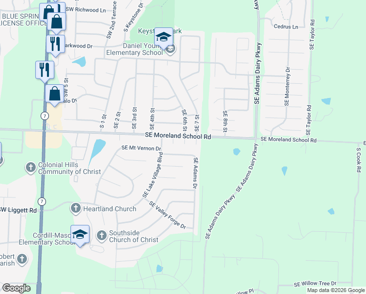 map of restaurants, bars, coffee shops, grocery stores, and more near 3209 Southeast 6th Court in Blue Springs