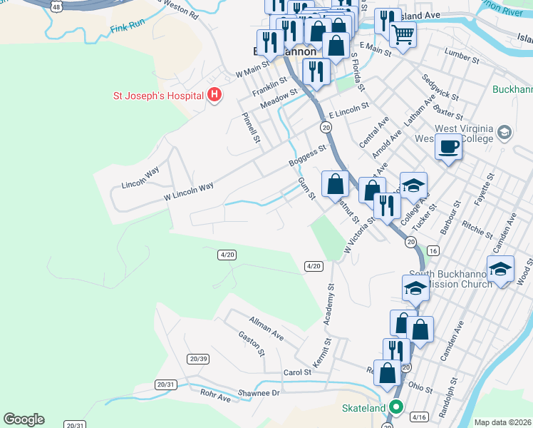 map of restaurants, bars, coffee shops, grocery stores, and more near 22 Kepner Street in Buckhannon