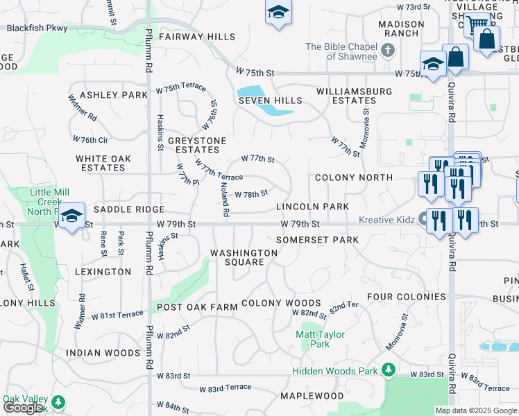 map of restaurants, bars, coffee shops, grocery stores, and more near 12900 West 78th Terrace in Shawnee