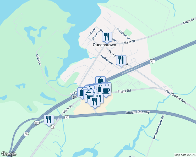 map of restaurants, bars, coffee shops, grocery stores, and more near 159 Comegys Lane in Queenstown