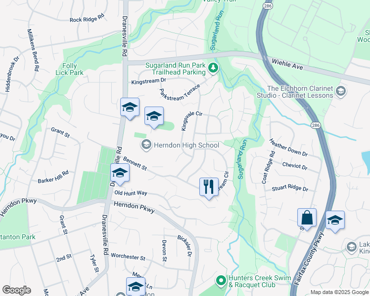 map of restaurants, bars, coffee shops, grocery stores, and more near 1467 Kingsvale Circle in Herndon