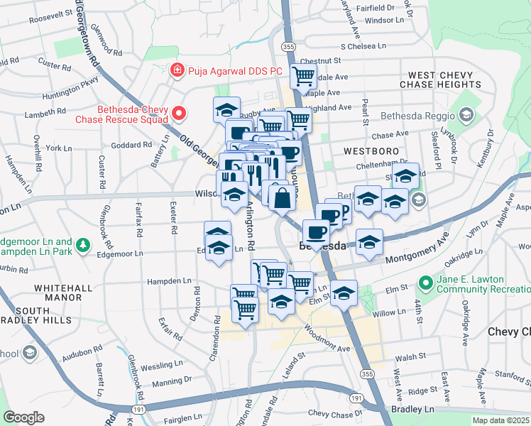map of restaurants, bars, coffee shops, grocery stores, and more near 7700 Old Georgetown Road in Bethesda