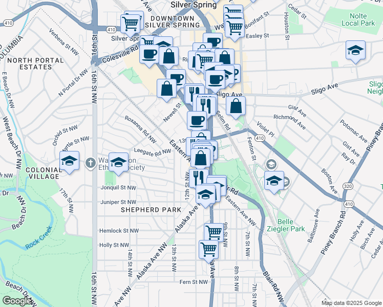 map of restaurants, bars, coffee shops, grocery stores, and more near 7901 Eastern Avenue Northwest in Silver Spring