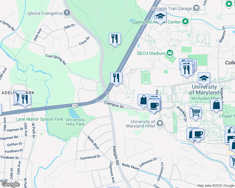 map of restaurants, bars, coffee shops, grocery stores, and more near 3501 University Boulevard East in Hyattsville