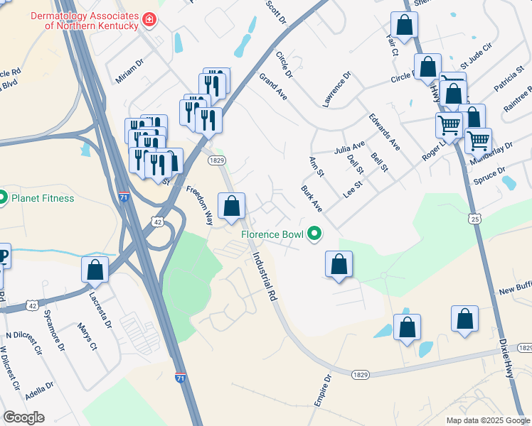 map of restaurants, bars, coffee shops, grocery stores, and more near 7536 Hillcrest Drive in Florence
