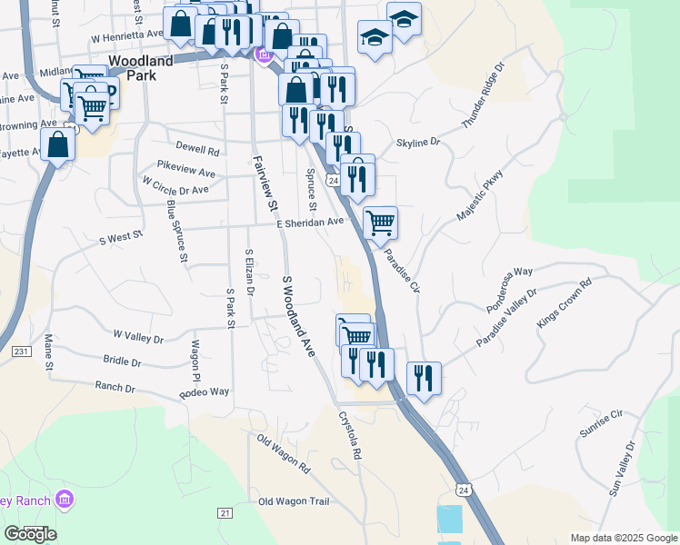 map of restaurants, bars, coffee shops, grocery stores, and more near 704 Stone Park Lane in Woodland Park