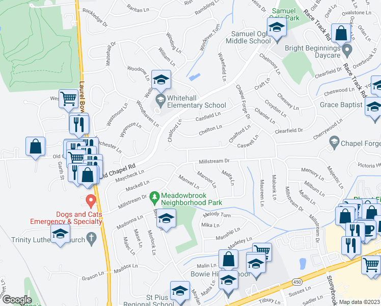 map of restaurants, bars, coffee shops, grocery stores, and more near 3705 Margin Way in Bowie