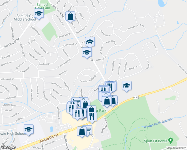 map of restaurants, bars, coffee shops, grocery stores, and more near 13028 Victoria Heights Drive in Bowie