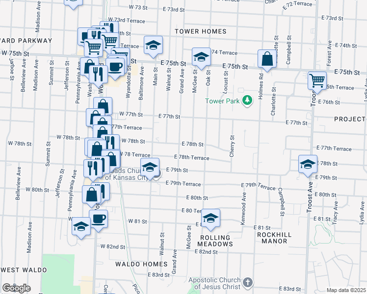 map of restaurants, bars, coffee shops, grocery stores, and more near 207 East 78th Street in Kansas City