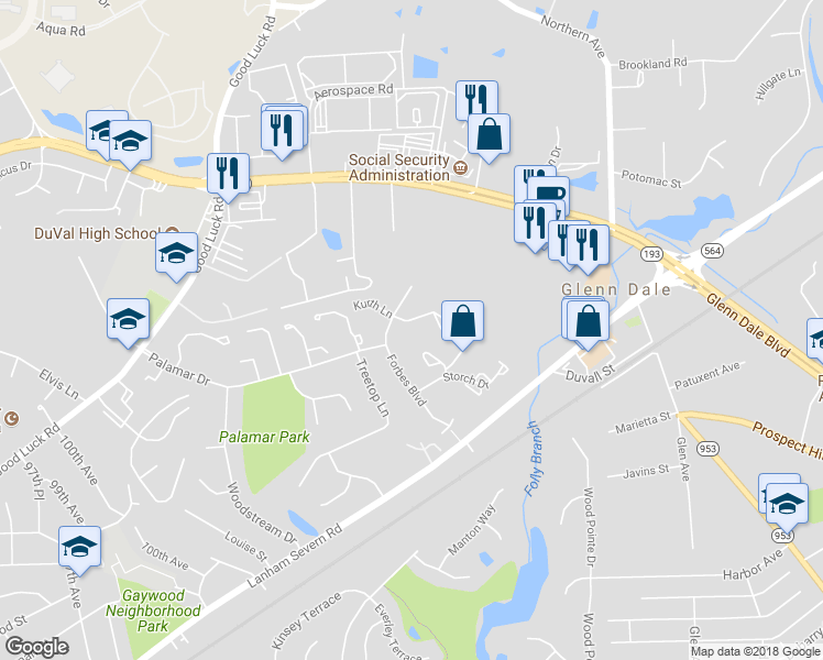 map of restaurants, bars, coffee shops, grocery stores, and more near 10307 Broom Lane in Lanham