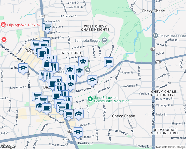 map of restaurants, bars, coffee shops, grocery stores, and more near 7609 Chelton Road in Bethesda